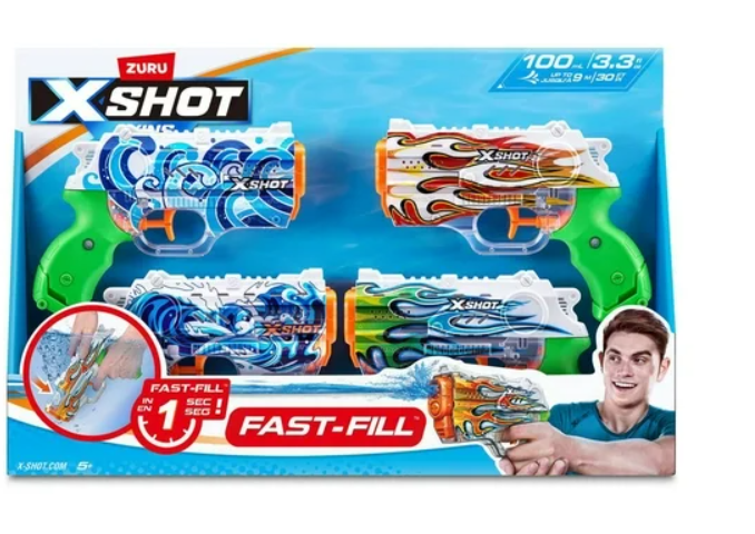 X-Shot Water Fast-Fill Skins Nano Water Blaster (4-pack), By Zuru
